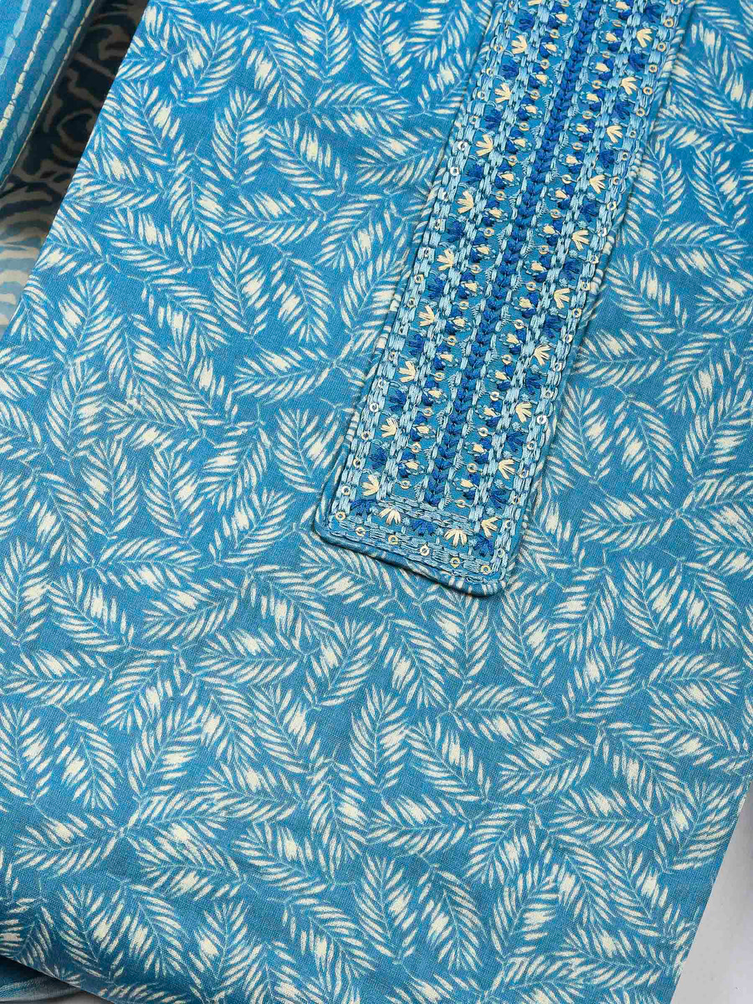 Blue Printed Cotton Blend Unstitched Dress Material