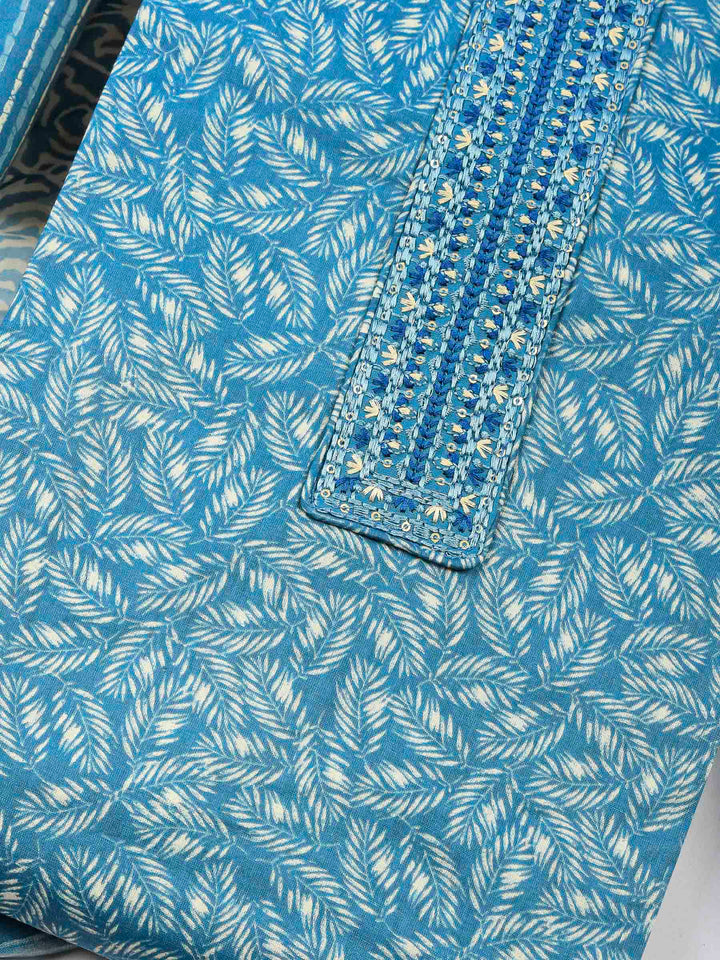 Blue Printed Cotton Blend Unstitched Dress Material
