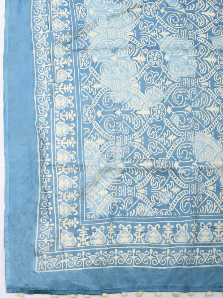 Blue Printed Cotton Blend Unstitched Dress Material