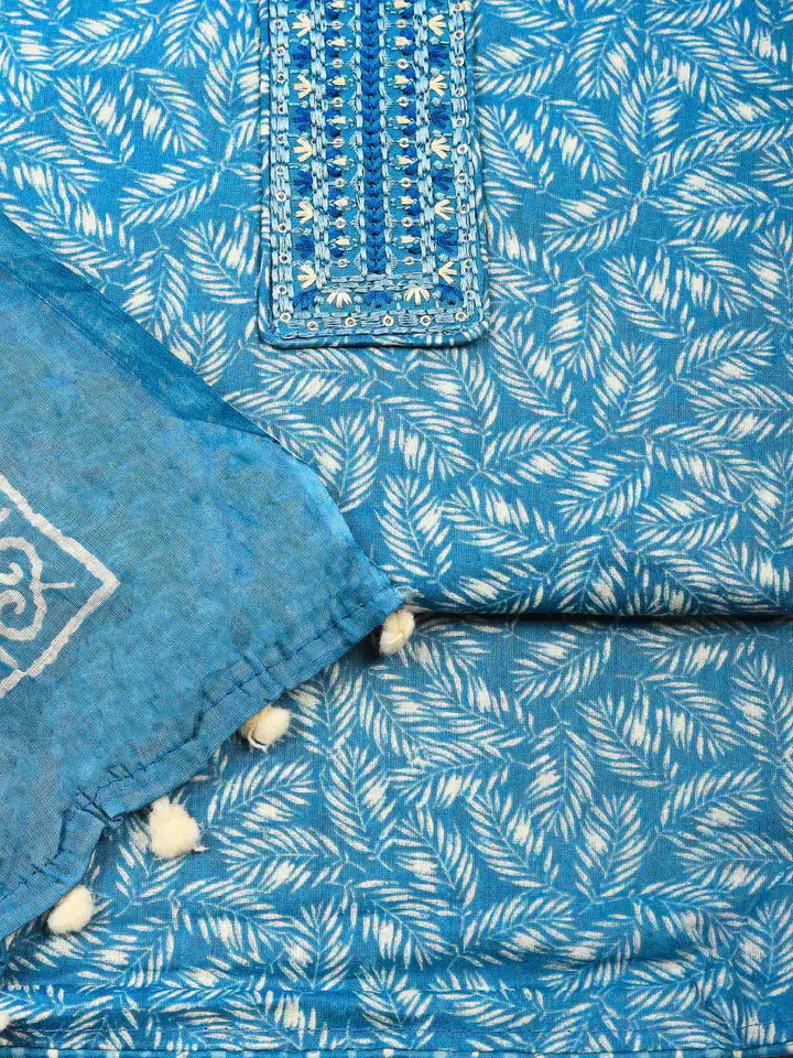 Blue Printed Cotton Blend Unstitched Dress Material