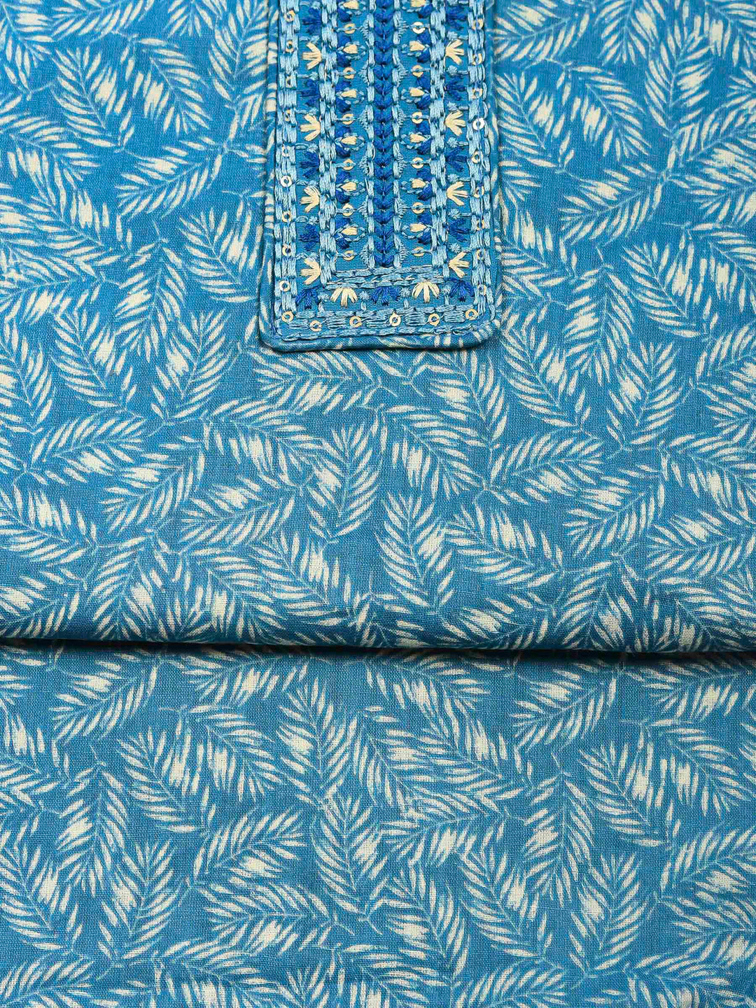Blue Printed Cotton Blend Unstitched Dress Material