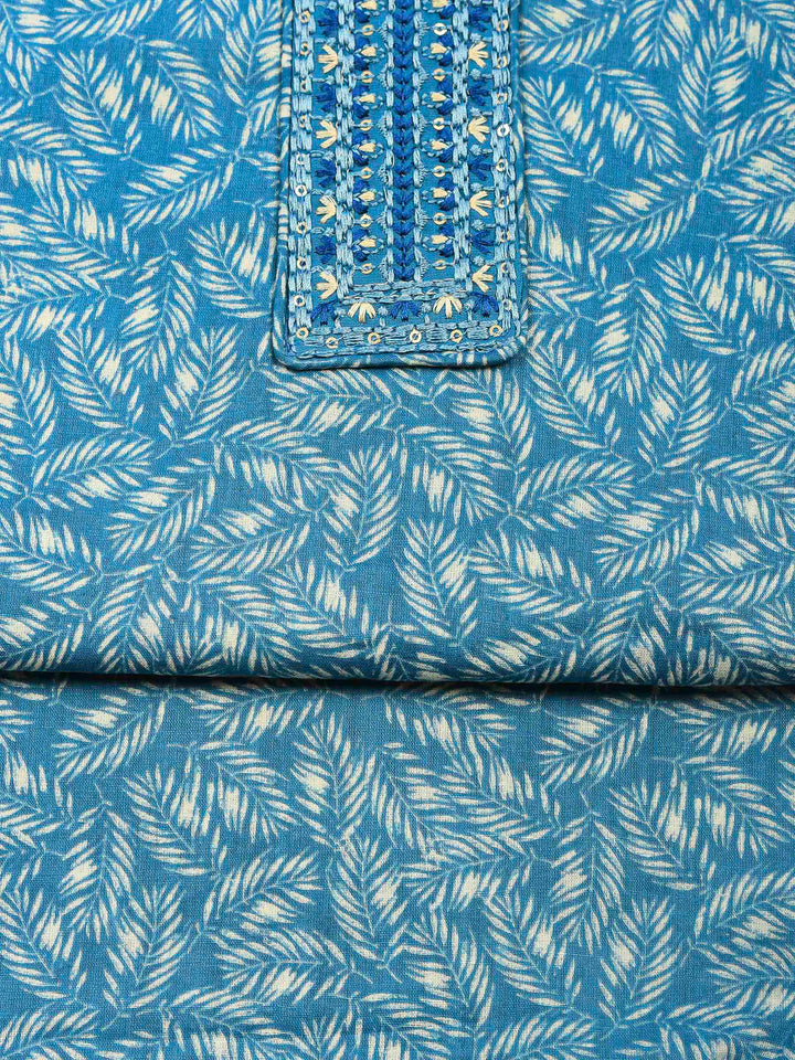 Blue Printed Cotton Blend Unstitched Dress Material