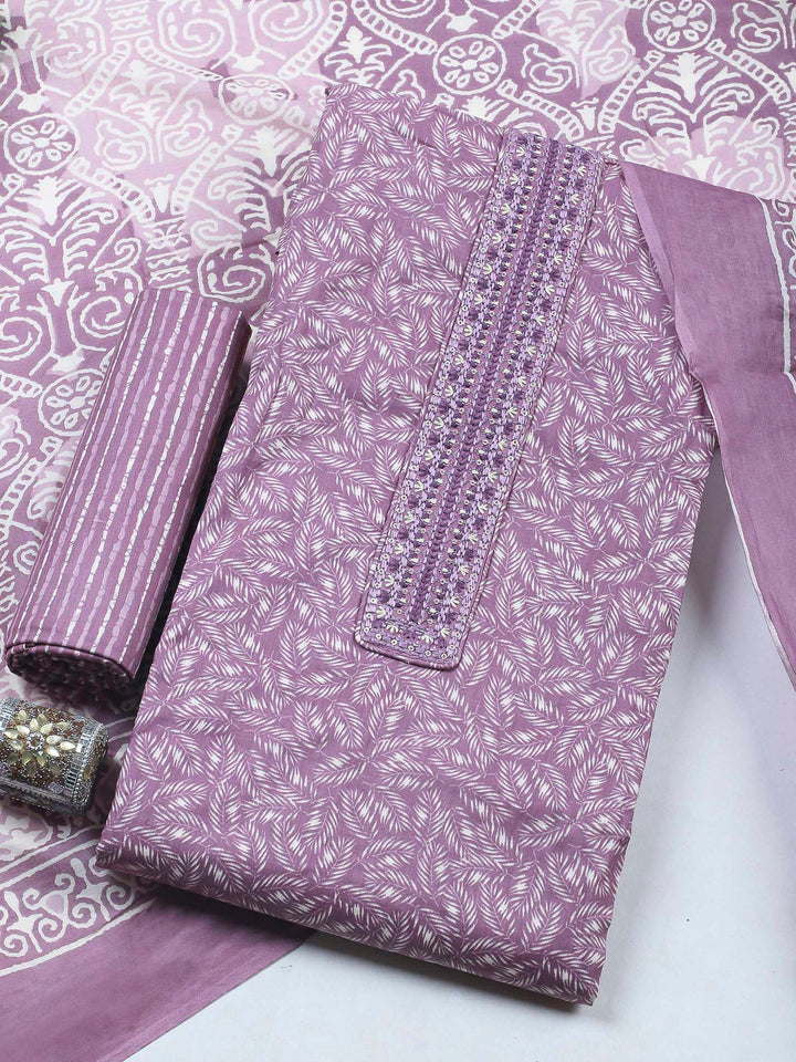 Lavender Printed Cotton Blend Unstitched Dress Material