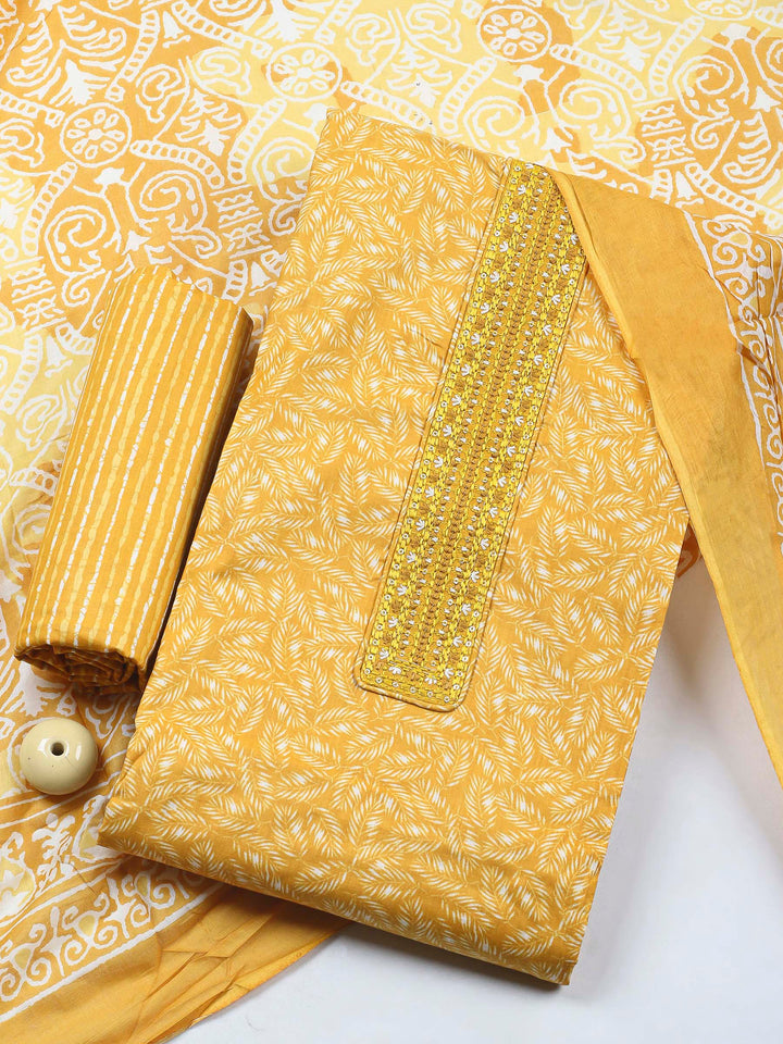 Mustard Printed Cotton Blend Unstitched Dress Material