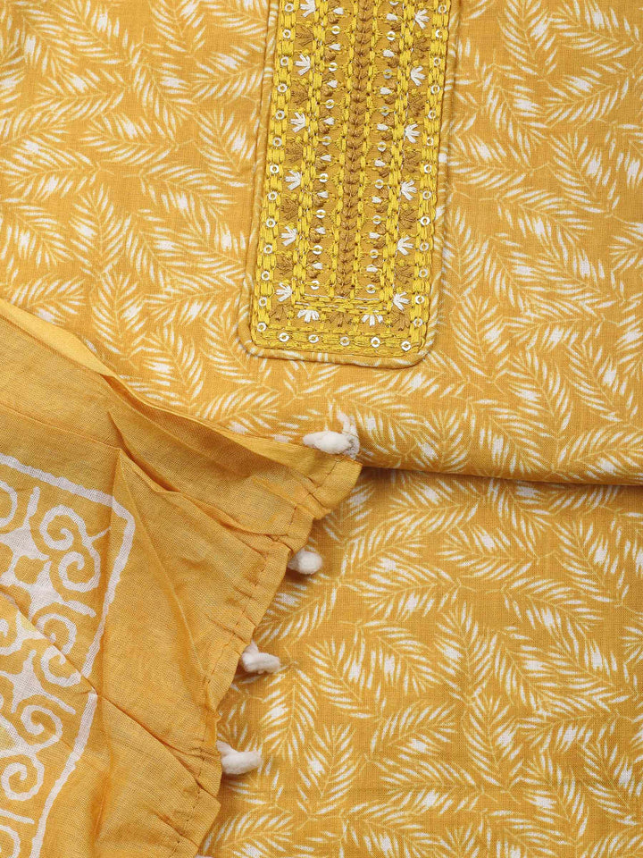 Mustard Printed Cotton Blend Unstitched Dress Material
