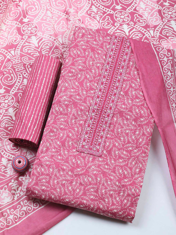 Pink Printed Cotton Blend Unstitched Dress Material