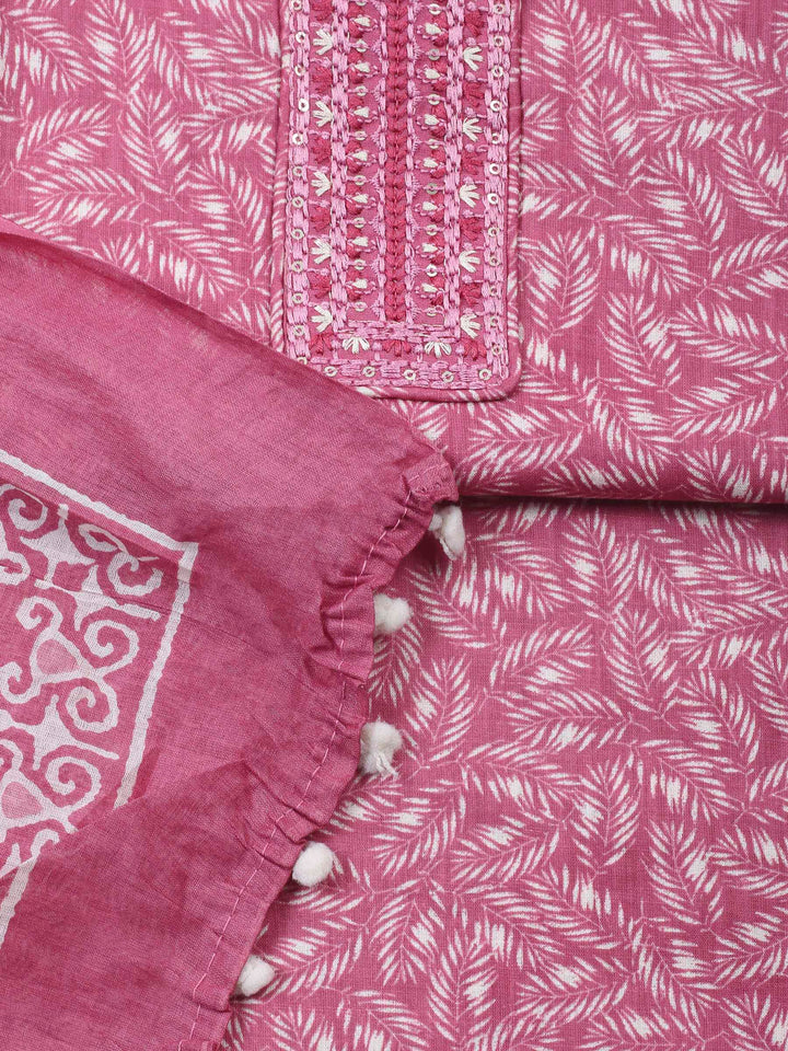 Pink Printed Cotton Blend Unstitched Dress Material