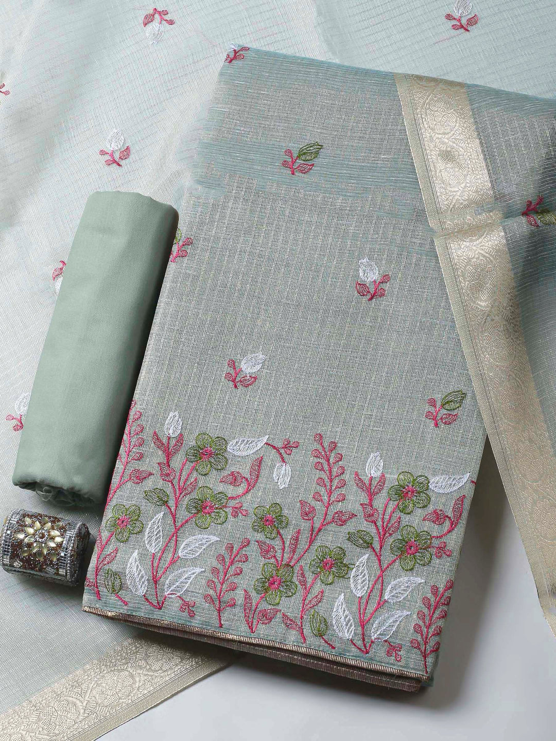 Grey Woven Design Cotton Blend Unstitched Dress Material