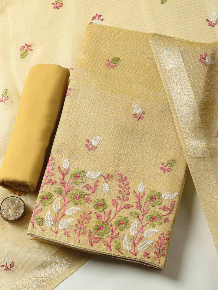 Mustard Woven Design Cotton Blend Unstitched Dress Material