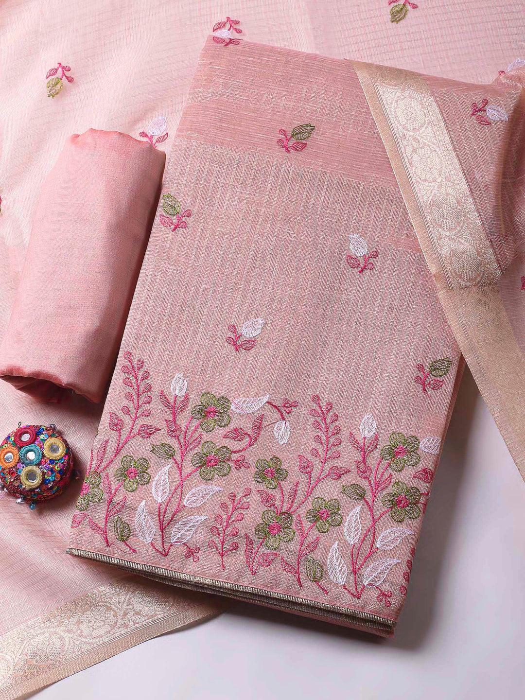 Pink Woven Design Cotton Blend Unstitched Dress Material