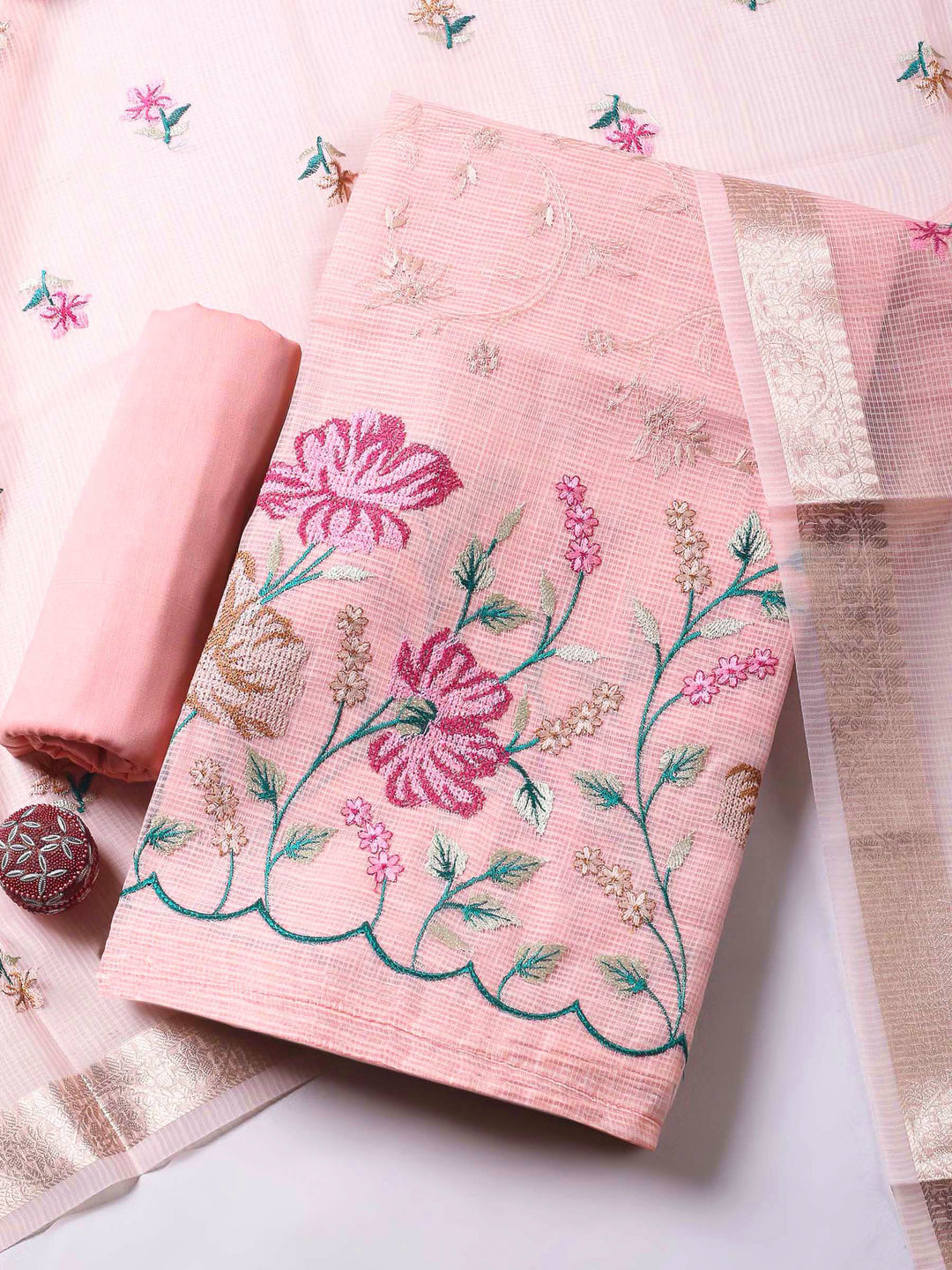 Peach Thread Embroidery Cotton Blend Unstitched Dress Material