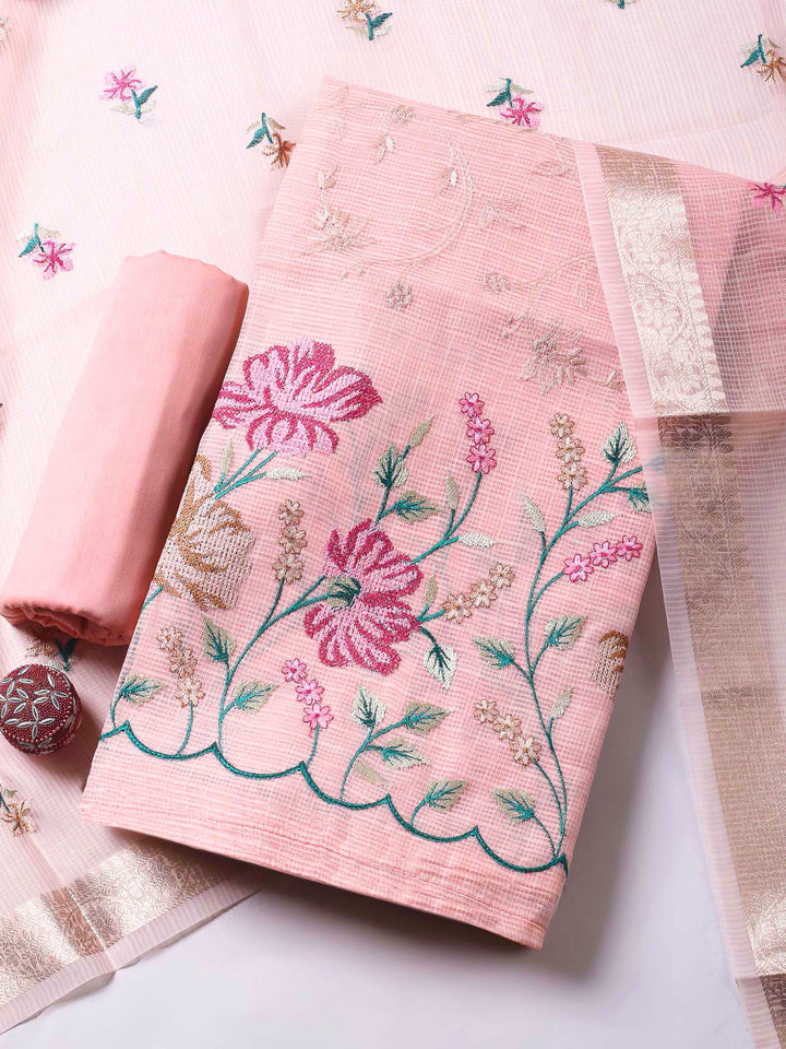 Peach Thread Embroidery Cotton Blend Unstitched Dress Material