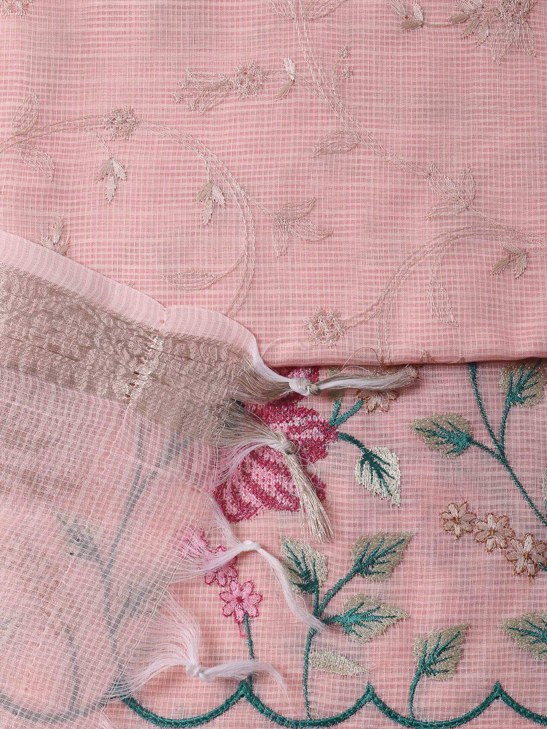 Peach Thread Embroidery Cotton Blend Unstitched Dress Material