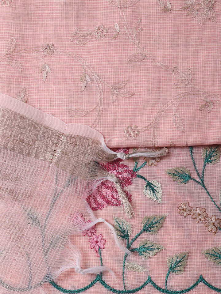Peach Thread Embroidery Cotton Blend Unstitched Dress Material