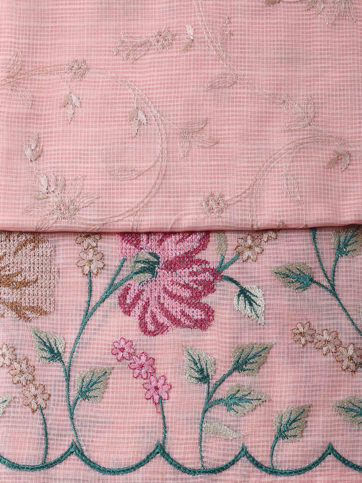 Peach Thread Embroidery Cotton Blend Unstitched Dress Material