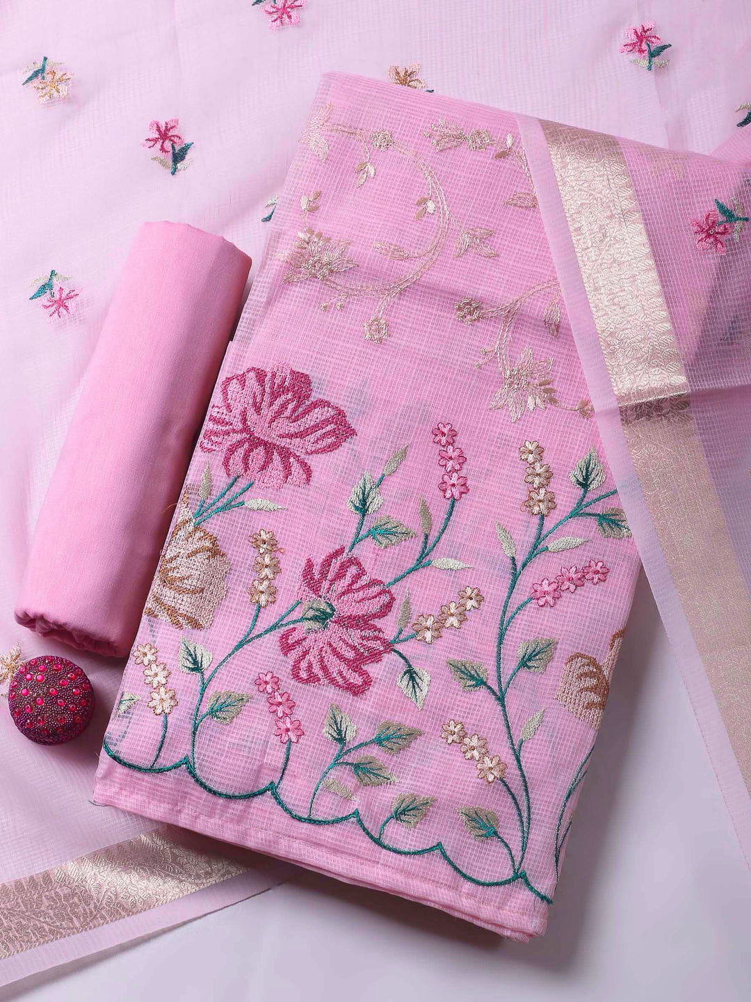 Pink Thread Embroidery Cotton Blend Unstitched Dress Material