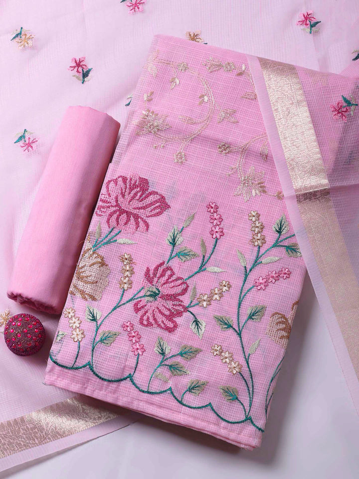 Pink Thread Embroidery Cotton Blend Unstitched Dress Material