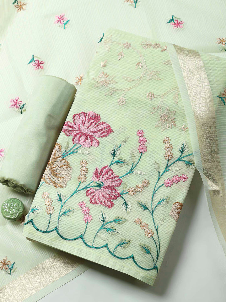 Pista Green Thread Embroidery Cotton Blend Unstitched Dress Material