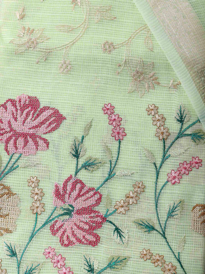 Pista Green Thread Embroidery Cotton Blend Unstitched Dress Material