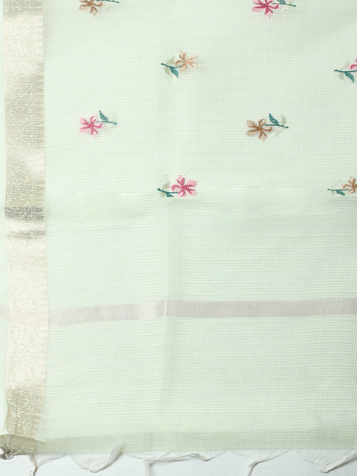 Pista Green Thread Embroidery Cotton Blend Unstitched Dress Material