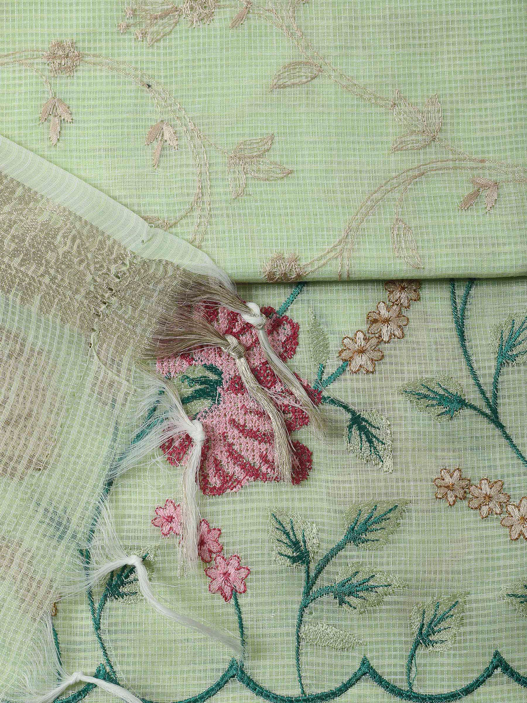 Pista Green Thread Embroidery Cotton Blend Unstitched Dress Material