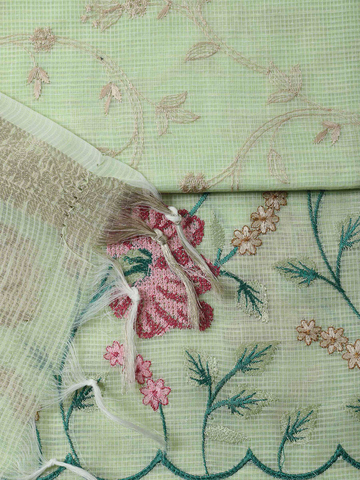 Pista Green Thread Embroidery Cotton Blend Unstitched Dress Material