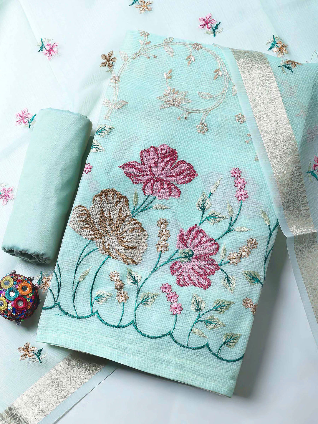 Sea Green Thread Embroidery Cotton Blend Unstitched Dress Material
