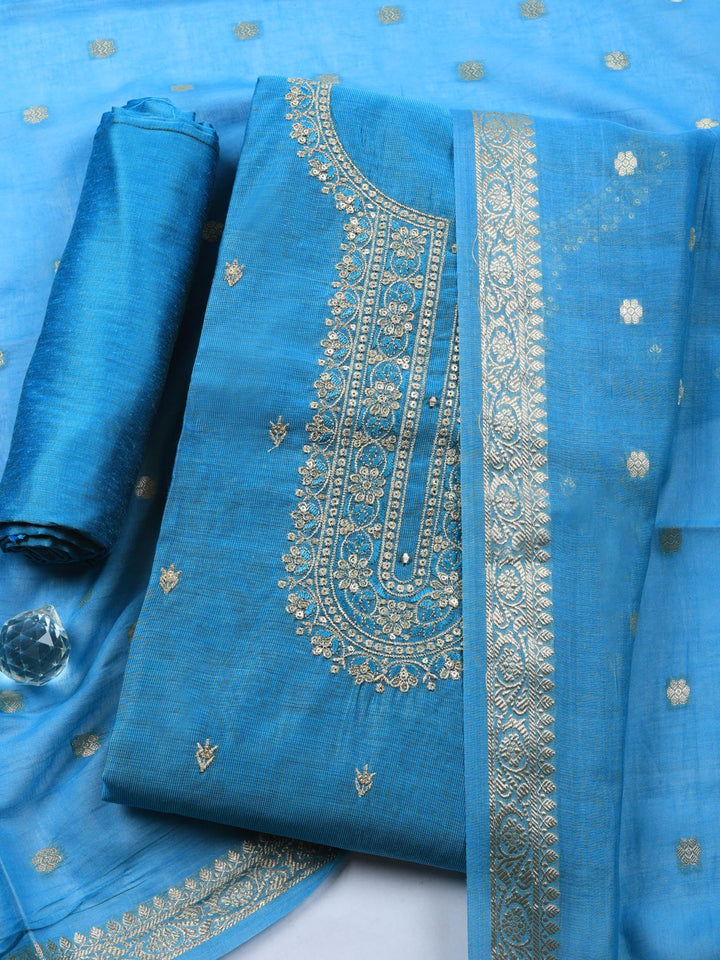 Blue Embroidered Chanderi Unstitched Suit &amp; Pant With Chanderi Dupatta