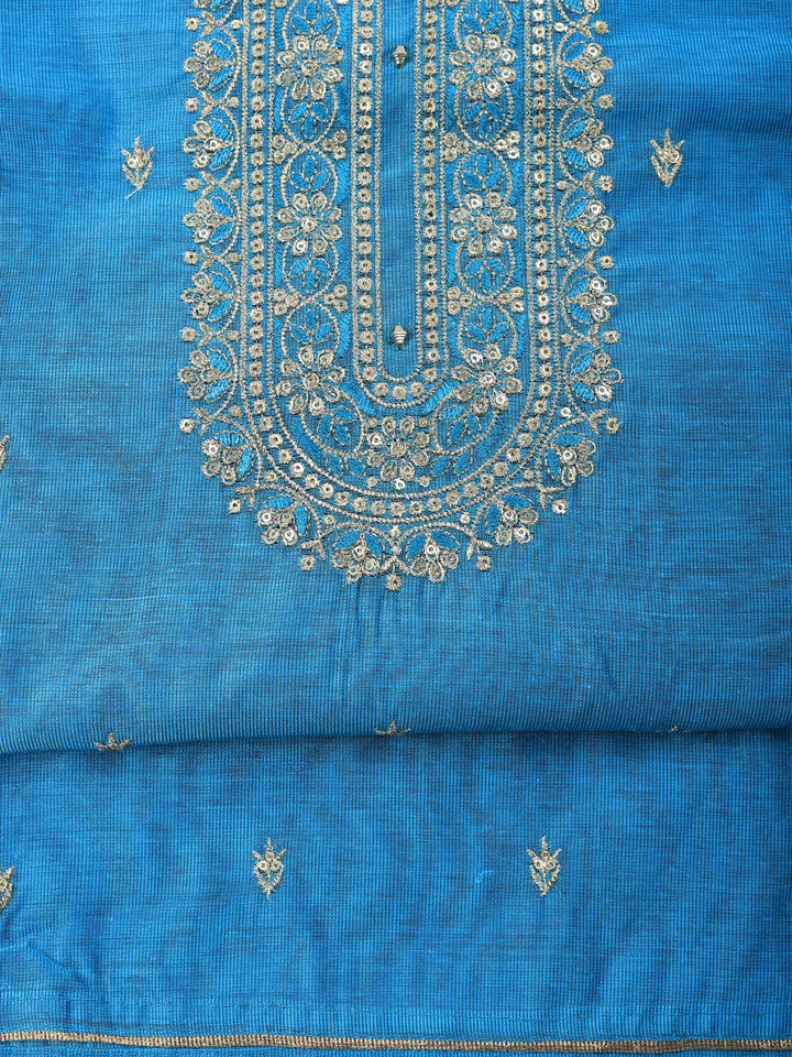 Blue Embroidered Chanderi Unstitched Suit &amp; Pant With Chanderi Dupatta