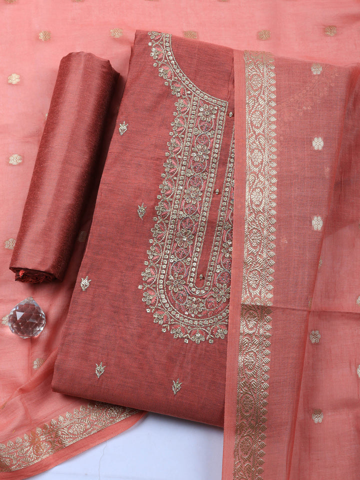 Dull Pink Embroidered Chanderi Unstitched Suit &amp; Pant With Chanderi Dupatta