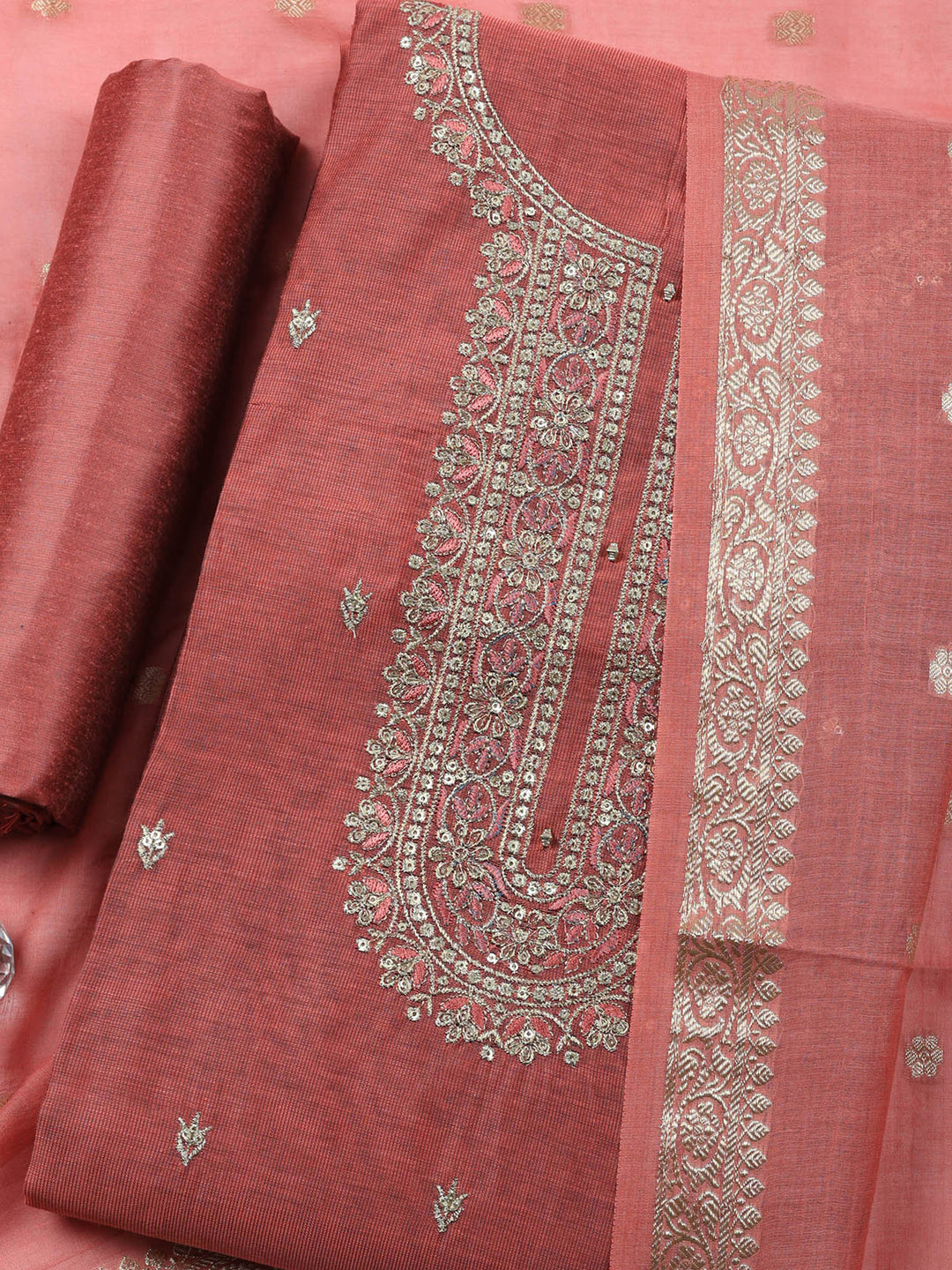 Dull Pink Embroidered Chanderi Unstitched Suit &amp; Pant With Chanderi Dupatta