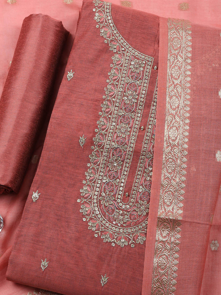 Dull Pink Embroidered Chanderi Unstitched Suit &amp; Pant With Chanderi Dupatta