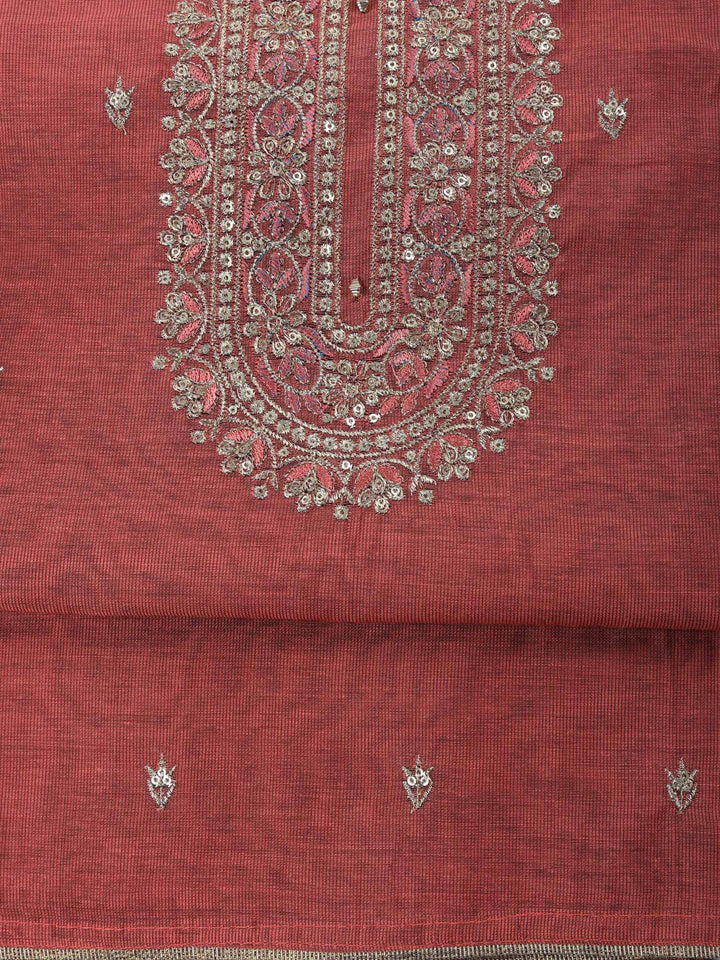 Dull Pink Embroidered Chanderi Unstitched Suit &amp; Pant With Chanderi Dupatta