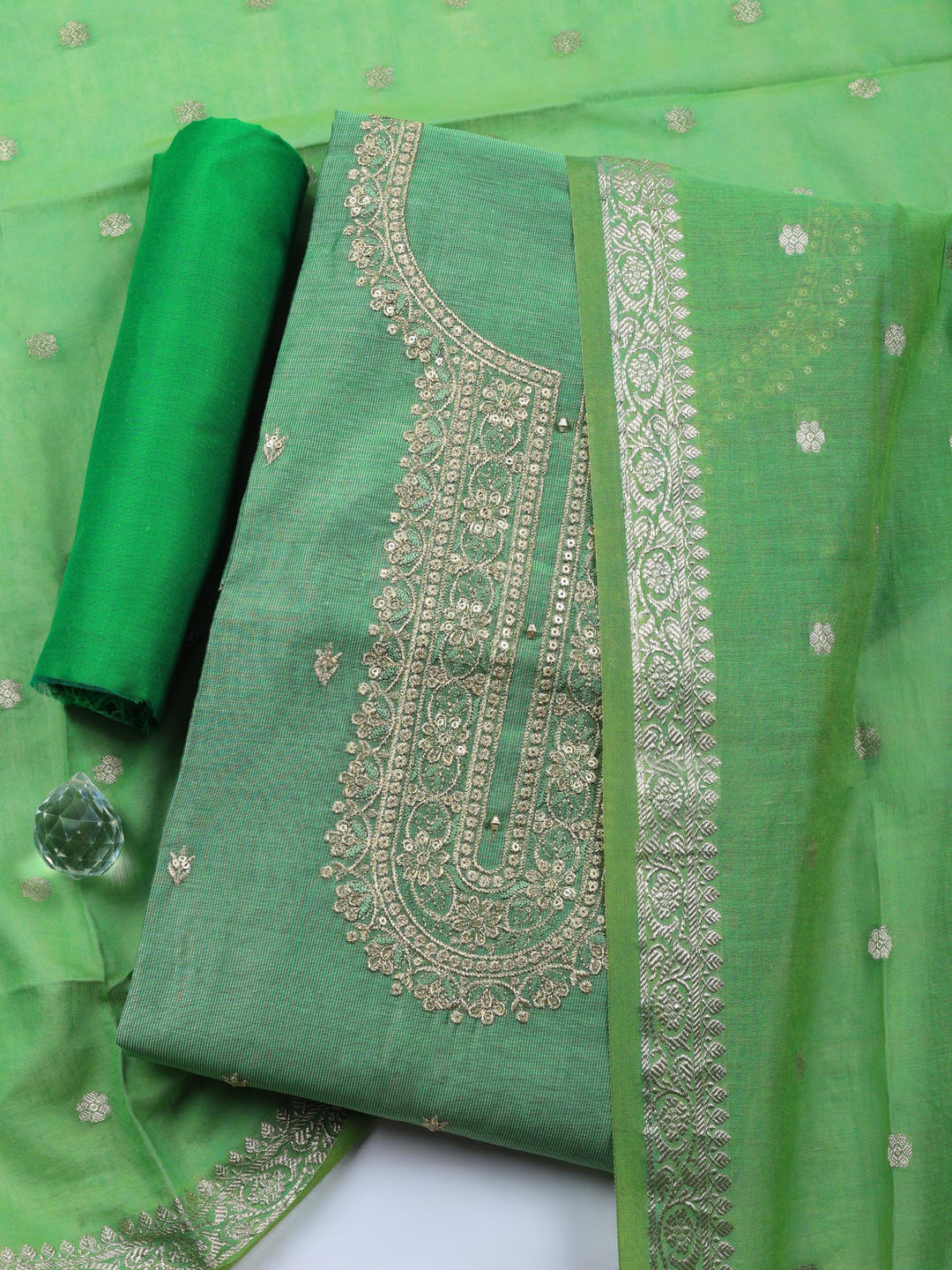 Green Embroidered Chanderi Unstitched Suit &amp; Pant With Chanderi Dupatta