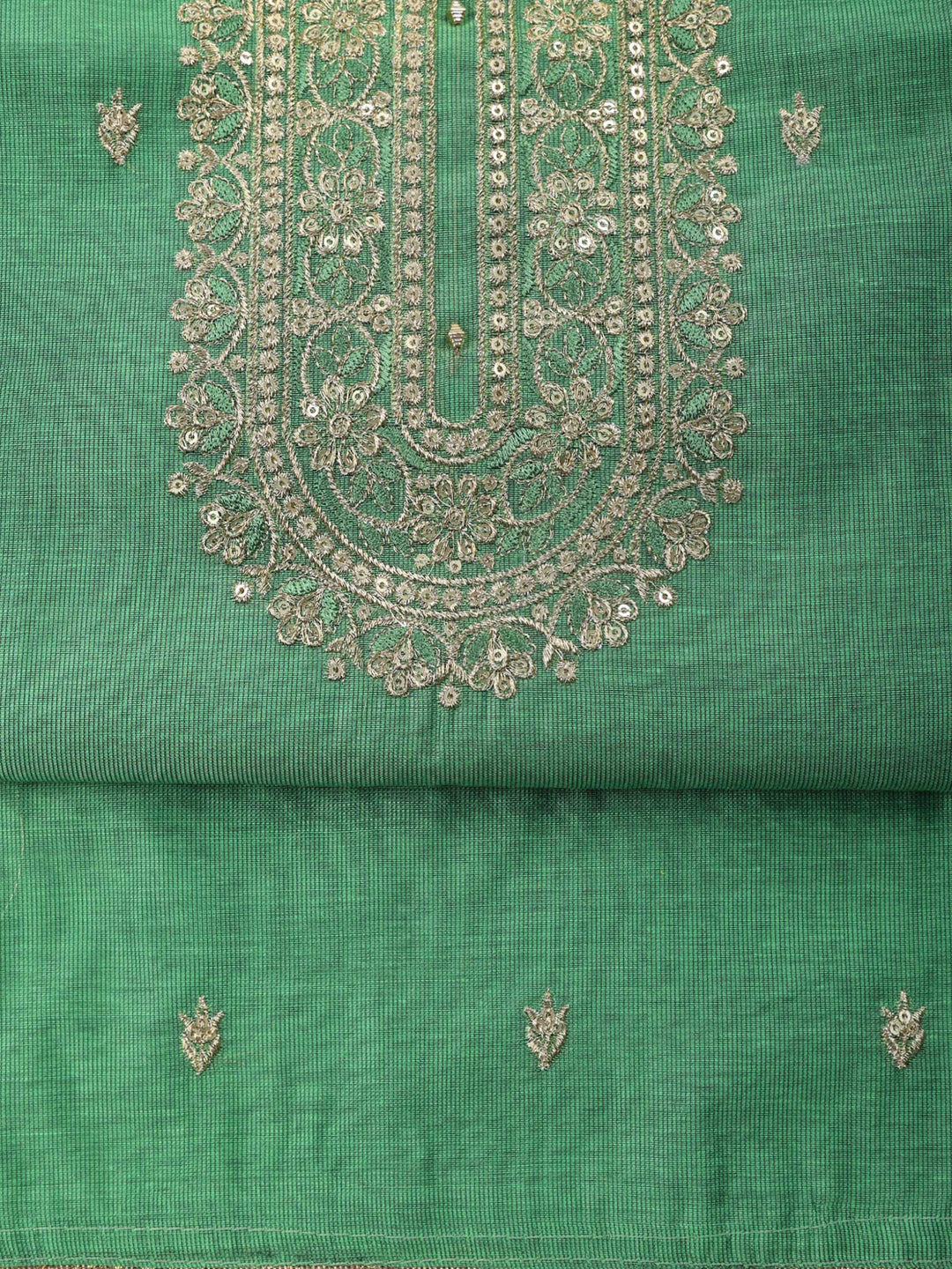 Green Embroidered Chanderi Unstitched Suit &amp; Pant With Chanderi Dupatta