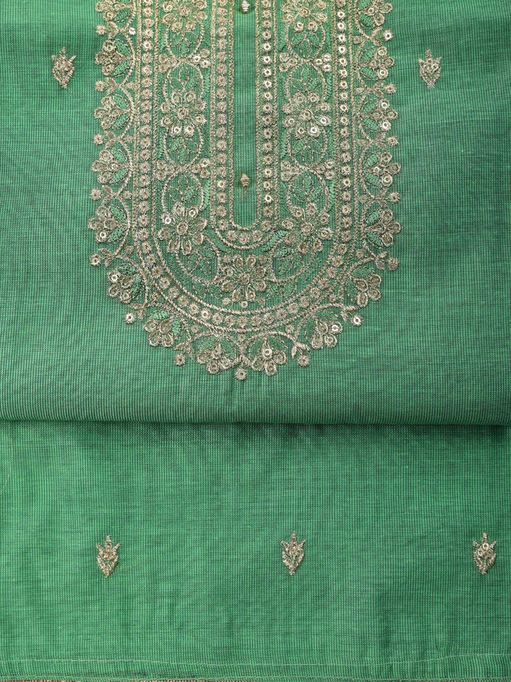 Green Embroidered Chanderi Unstitched Suit &amp; Pant With Chanderi Dupatta