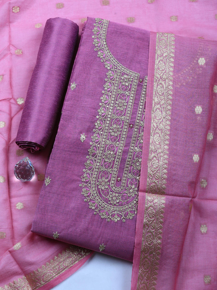 Lavender Embroidered Chanderi Unstitched Suit &amp; Pant With Chanderi Dupatta