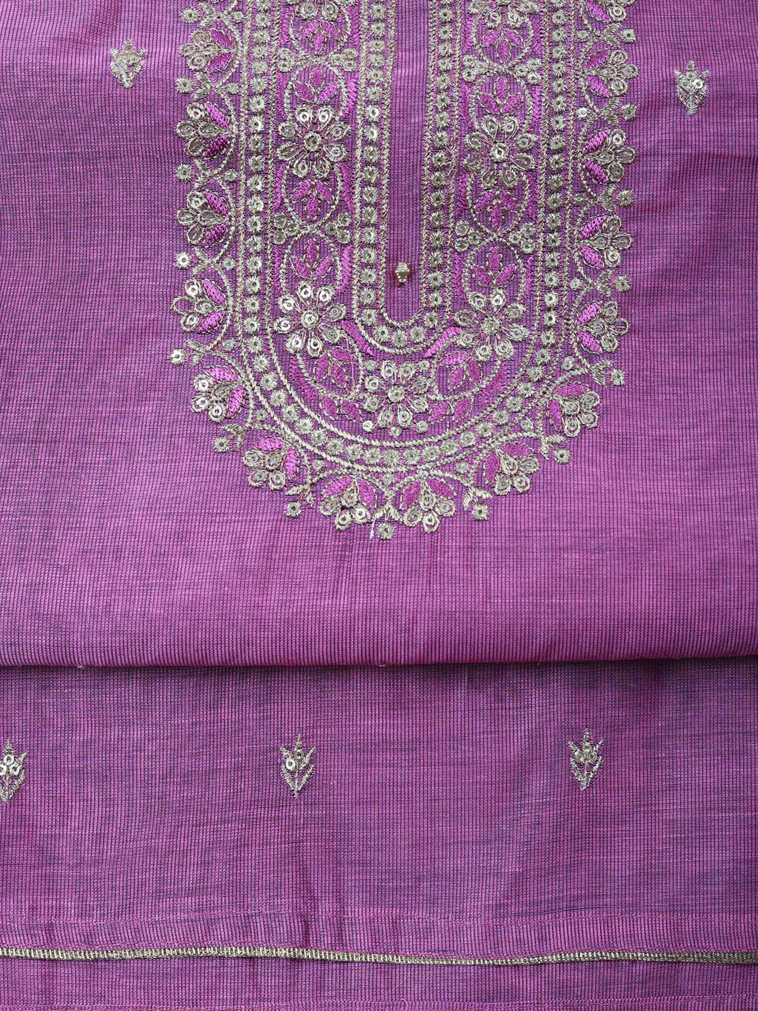 Lavender Embroidered Chanderi Unstitched Suit &amp; Pant With Chanderi Dupatta