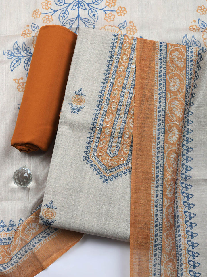 Beige Brown Embroidered Chanderi Unstitched Suit &amp; Pant With Chanderi Dupatta