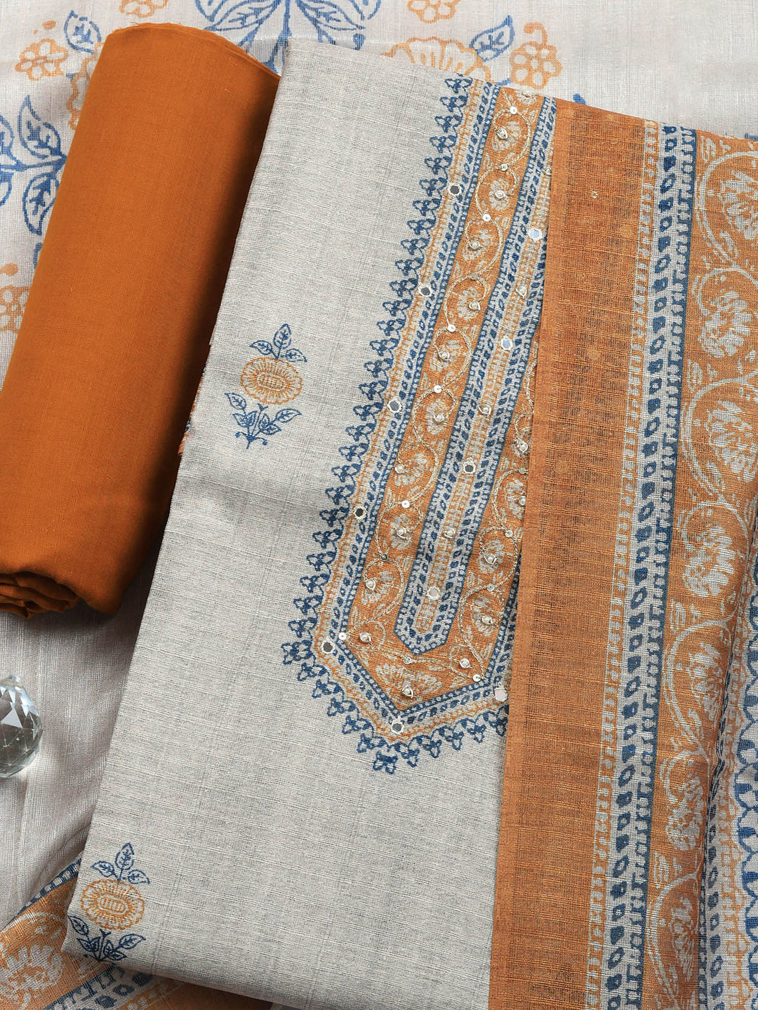 Beige Brown Embroidered Chanderi Unstitched Suit &amp; Pant With Chanderi Dupatta