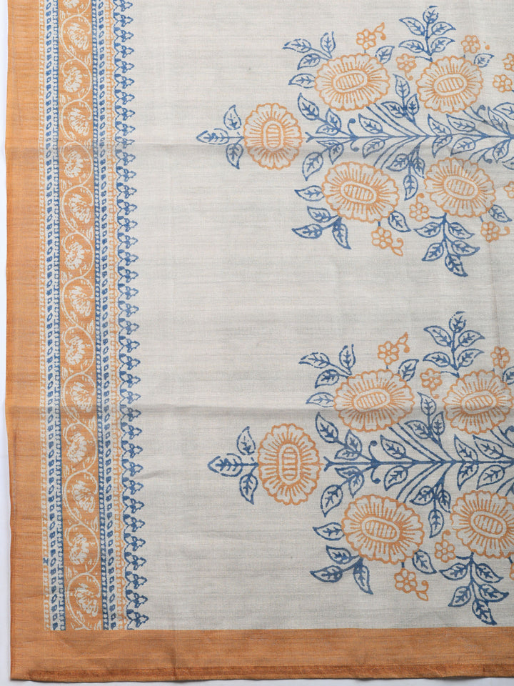 Beige Brown Embroidered Chanderi Unstitched Suit &amp; Pant With Chanderi Dupatta