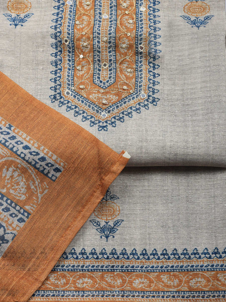 Beige Brown Embroidered Chanderi Unstitched Suit &amp; Pant With Chanderi Dupatta