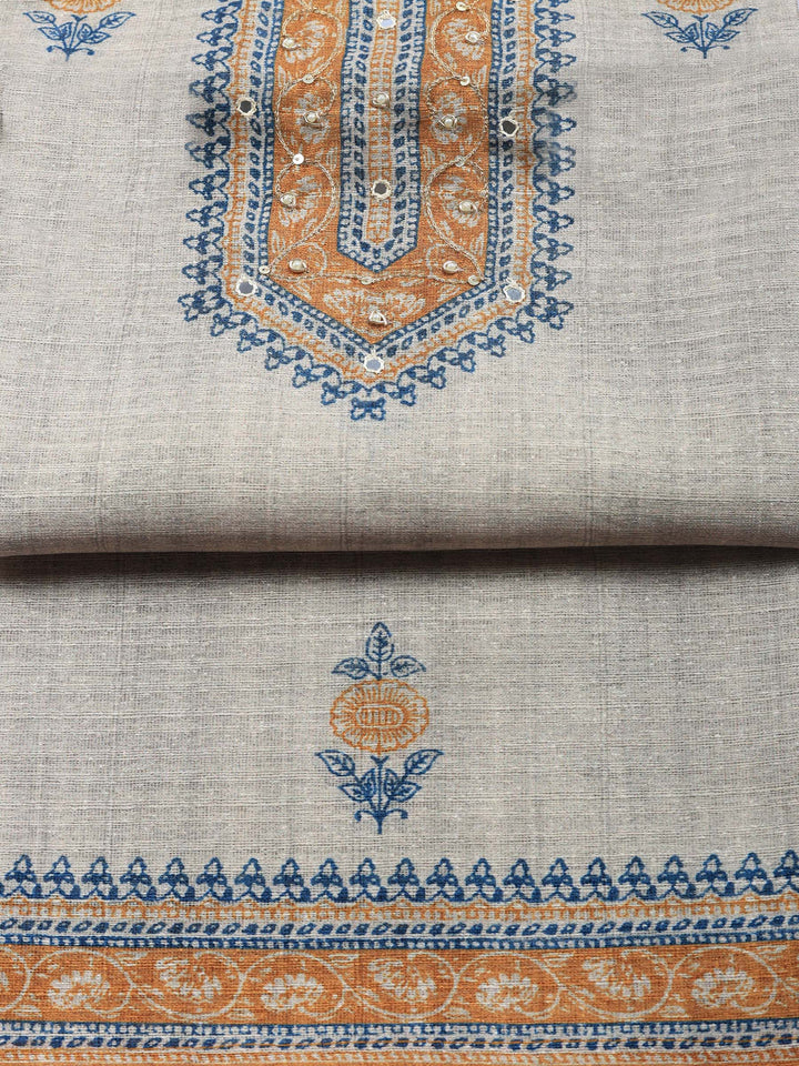 Beige Brown Embroidered Chanderi Unstitched Suit &amp; Pant With Chanderi Dupatta