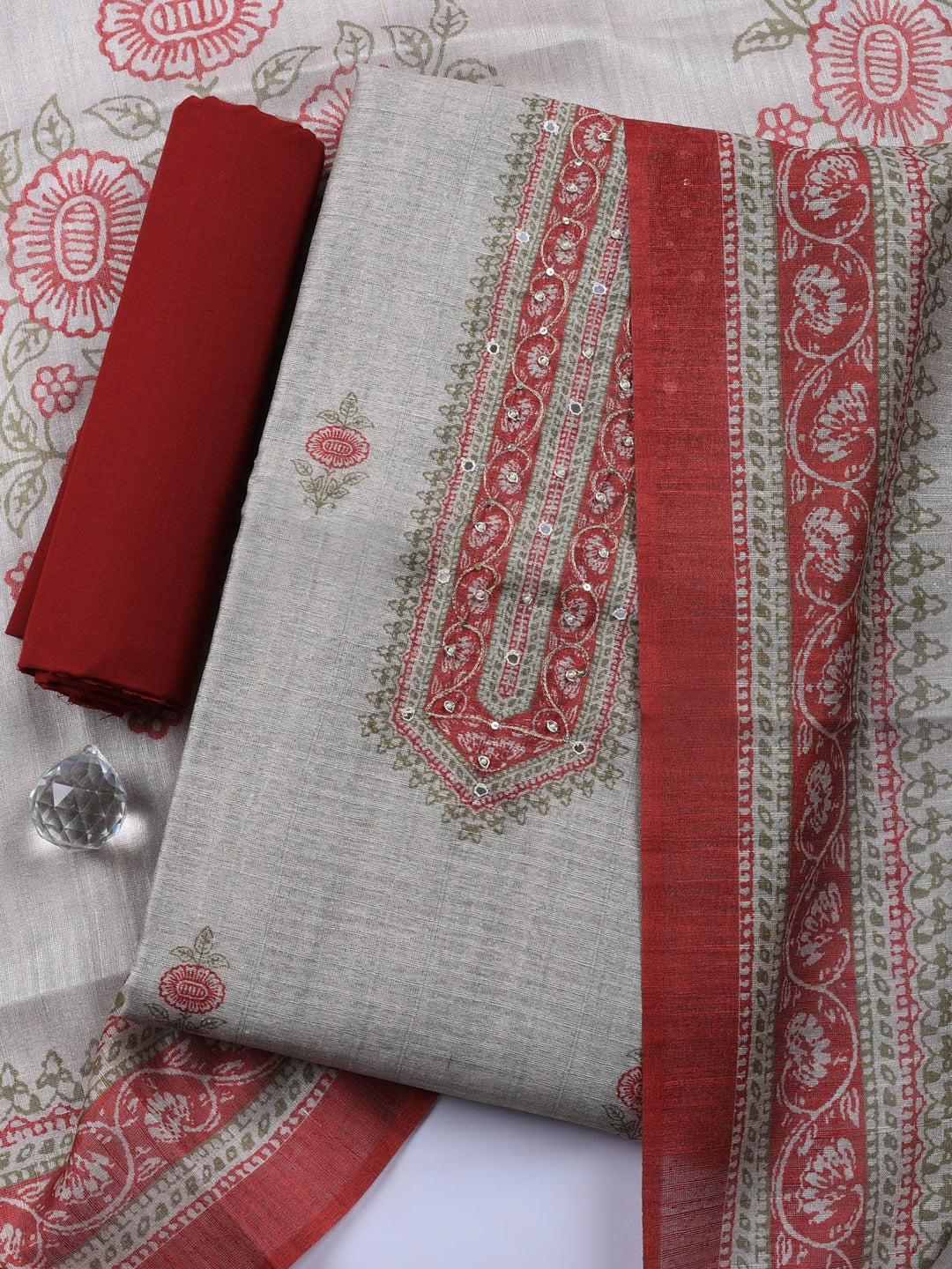 Beige Maroon Embroidered Chanderi Unstitched Suit &amp; Pant With Chanderi Dupatta