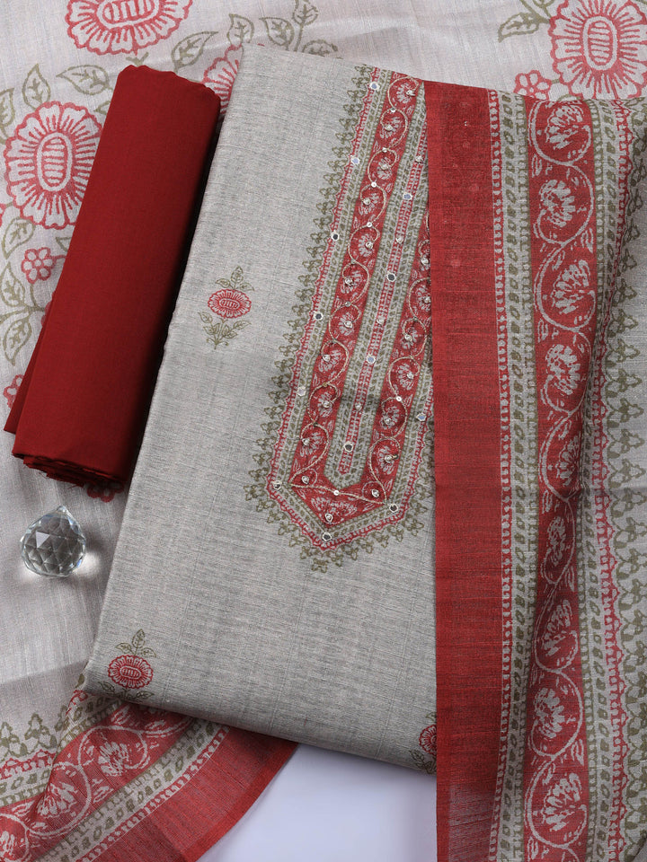 Beige Maroon Embroidered Chanderi Unstitched Suit &amp; Pant With Chanderi Dupatta