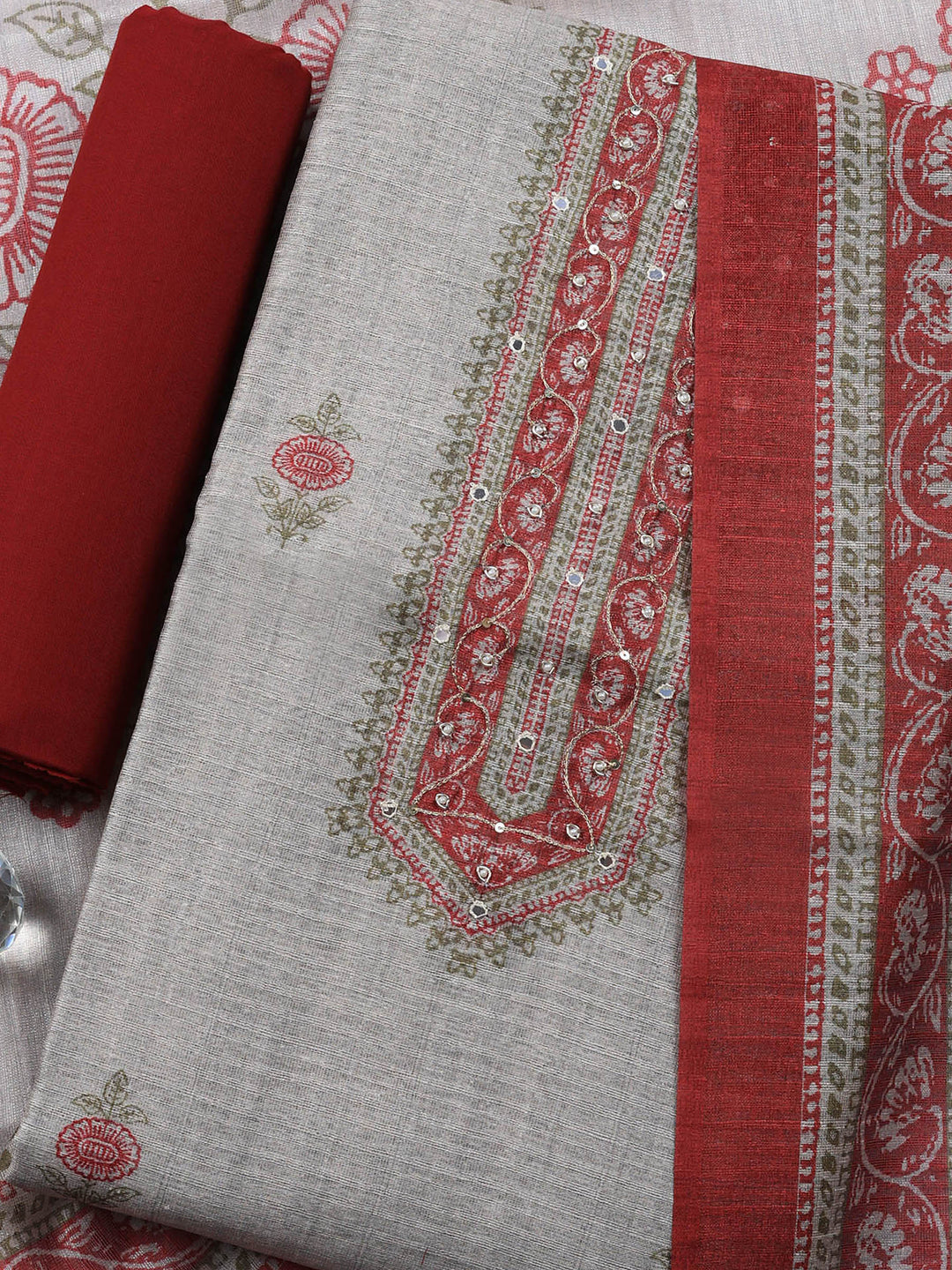 Beige Maroon Embroidered Chanderi Unstitched Suit &amp; Pant With Chanderi Dupatta