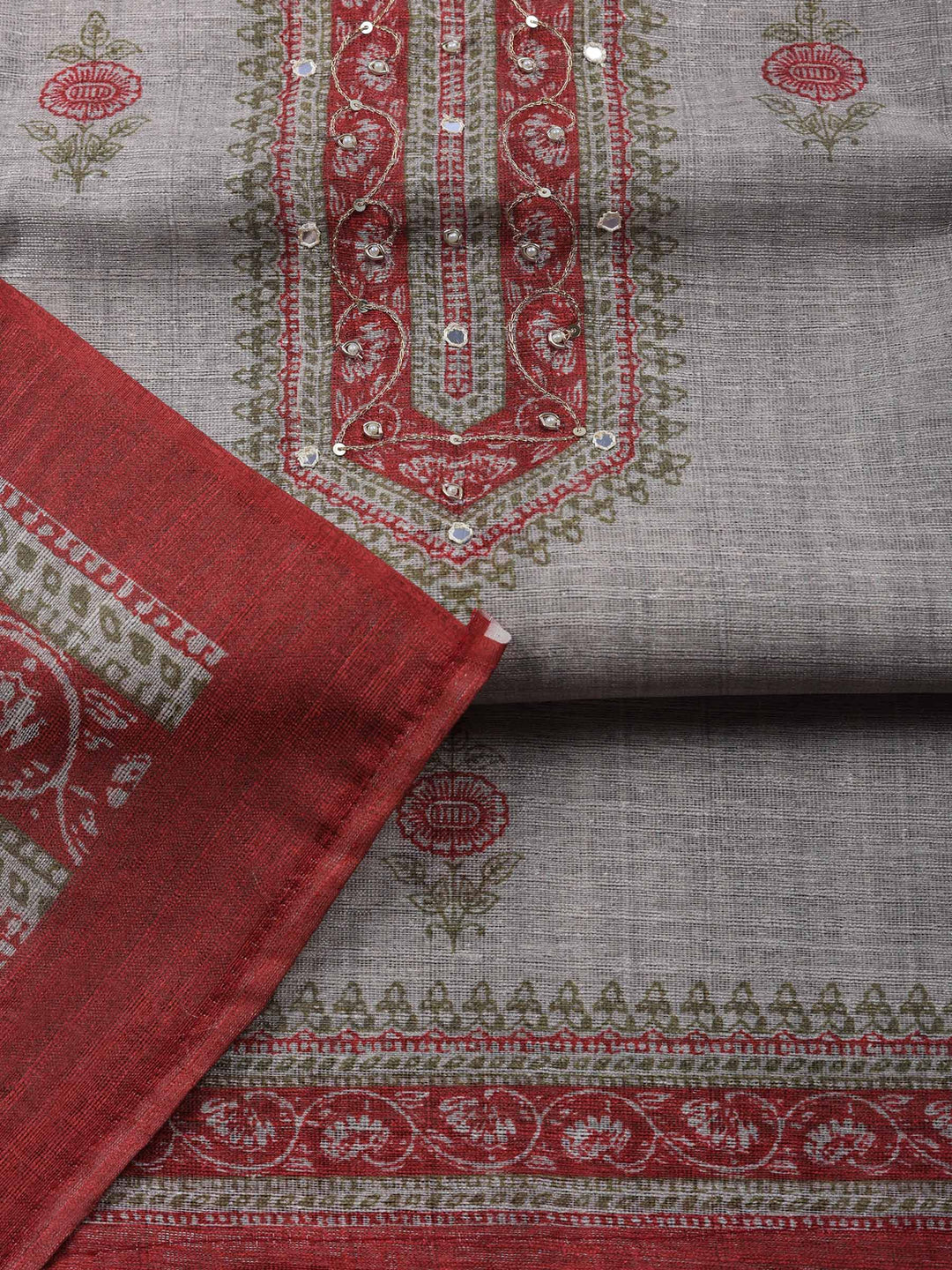Beige Maroon Embroidered Chanderi Unstitched Suit &amp; Pant With Chanderi Dupatta