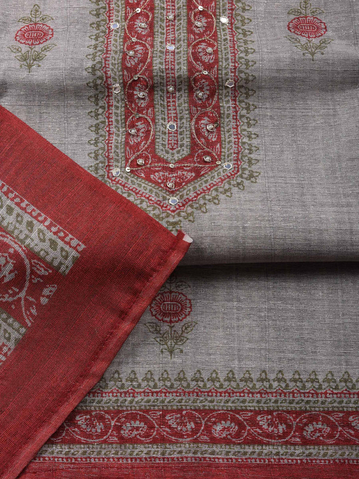Beige Maroon Embroidered Chanderi Unstitched Suit &amp; Pant With Chanderi Dupatta