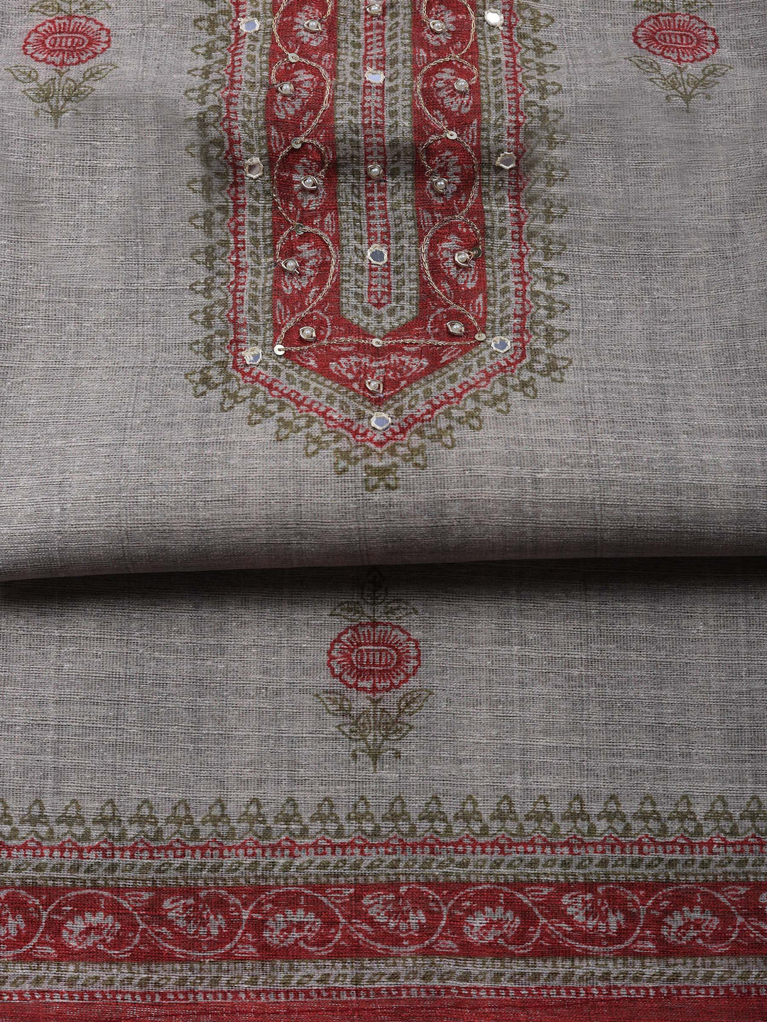 Beige Maroon Embroidered Chanderi Unstitched Suit &amp; Pant With Chanderi Dupatta