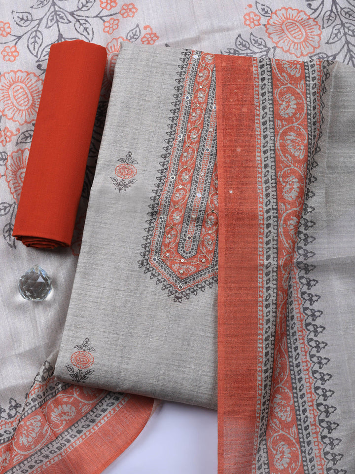 Beige Rust Embroidered Chanderi Unstitched Suit &amp; Pant With Chanderi Dupatta